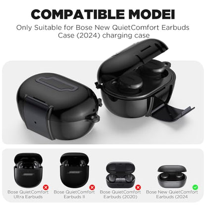 for Bose New QuietComfort Earbuds Case (2024), TPU Protective Cover with Phone Holder Stand & Double Safety Lock, Supports Wireless Charging, Includes Carabiner and Cleaning Pen (Black) - color: Black