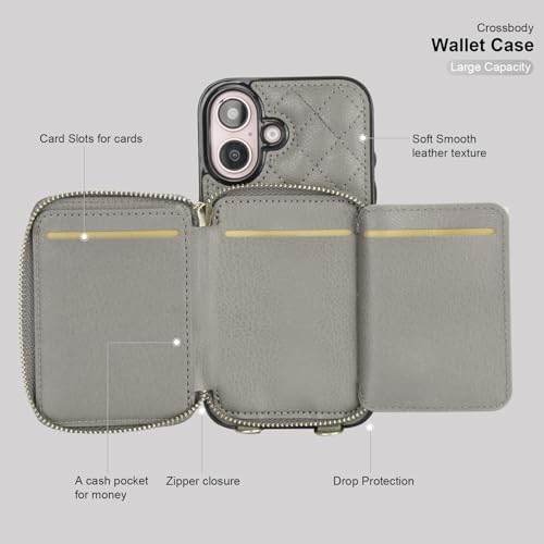 Bocasal Crossbody Wallet Case Card Holder for iPhone 16, Grey | RFID Blocking PU Leather Zipper Handbag Purse, Kickstand Flip Folio Case with Card Slots Holder Wrist Strap Lanyard 6.1 Inch - color: Gray