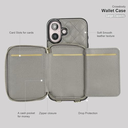Bocasal Crossbody Wallet Case Card Holder for iPhone 16, Grey | RFID Blocking PU Leather Zipper Handbag Purse, Kickstand Flip Folio Case with Card Slots Holder Wrist Strap Lanyard 6.1 Inch - color: Gray
