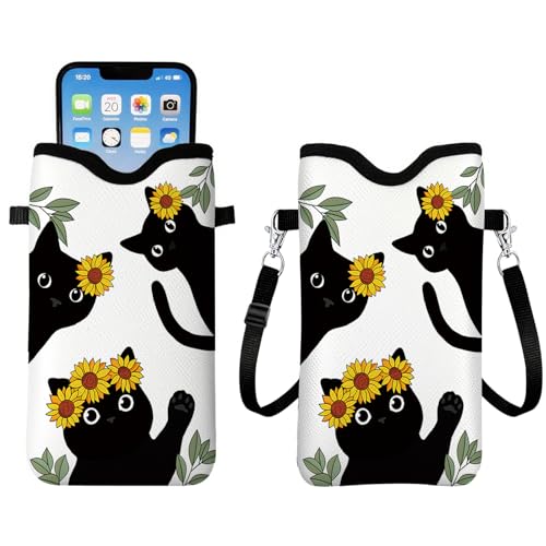 Phone Purse for Women Cute Small Crossbody Bags, Lightweight Sleeve with Strap Neck Lanyard, Neoprene Cat Cell Phone Sleeve Pouch Case Bags Gifts for Christmas Birthday 7.1 X 3.9 in - color: BlackCat