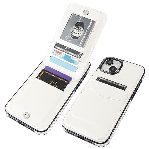 KIHUWEY for iPhone 15 Plus Wallet Case Card Holder Kickstand, White | Credit Card Slots, PU Leather, Magnetic Clasp, Flip Heavy Duty Protection Cover for Men and Women - color: White