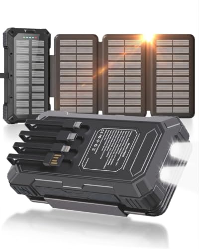 Solar Charger Power Bank 49800mAh with 4 Built-in Cables & 4 Foldable Panels, 22.5W Fast Portable Phone Charger, External Battery Pack with USB-C in/Output & Flashlight for Outdoor Camping - color: Dark grey-black