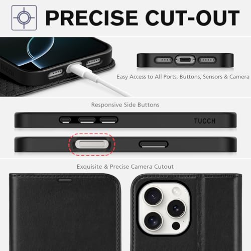 TUCCH Wallet Case for iPhone 16 Pro Max (6.9") 2024, 4 Card Holders, Black | RFID Blocking, Viewing Stand, Shockproof TPU Shell, PU Leather, Magnetic Closure, Protective Folio Flip Cover - color: Black