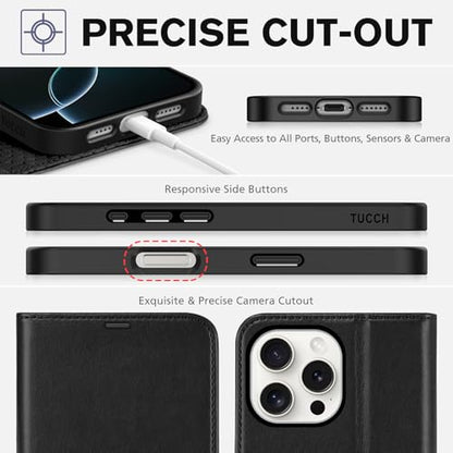 TUCCH Wallet Case for iPhone 16 Pro Max (6.9") 2024, 4 Card Holders, Black | RFID Blocking, Viewing Stand, Shockproof TPU Shell, PU Leather, Magnetic Closure, Protective Folio Flip Cover - color: Black