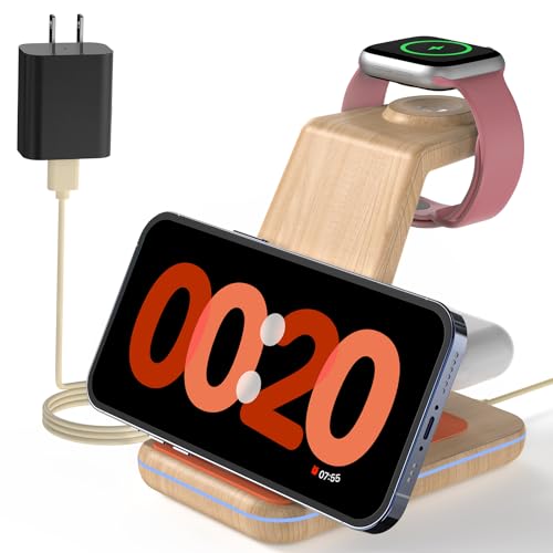 Wireless Charging Station for Apple Products: 3 in 1 Apple Wireless Charger for iPhone 16/15/14/13/12/11/SE/X Pro Max - Apple Watch Ultra/10/9/8/SE/7/6/5/4/3 - AirPods 2/3/4 Pro - color: Wooden