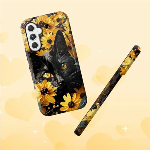 Black Cat Sunflowers Phone Case for Samsung Galaxy S25, Dual Layer Shockproof Rugged Cover with Soft TPU + Hard PC, Anti-Scratch Slim Fit Wireless Charging Compatible - color: Black Cat Sunflowers, size: 6.2" Galaxy S25
