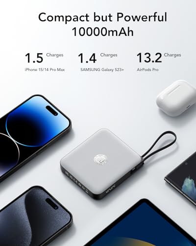VRURC Portable Charger with Built-in Cables, 10000mAh 22.5W Fast Charging - color: Grey