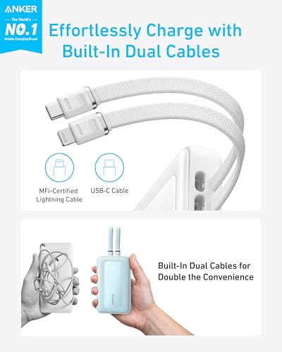 Anker Power Bank,20,000mAh 30W Portable Charger,USB-C and Lightning Cables - color: White