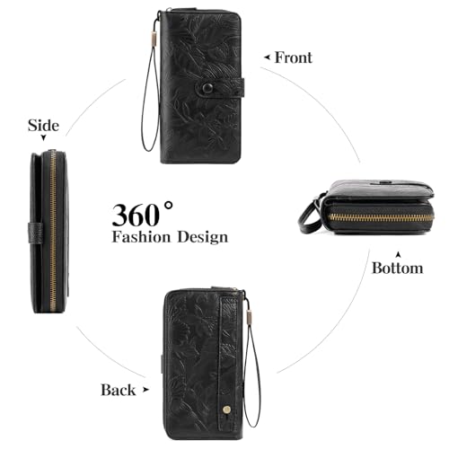 SENDEFN Women's Credit Card Holder RFID Blocking Zip Around Leather Wallet Large Capacity Long Purse with Wristlet - color: Black
