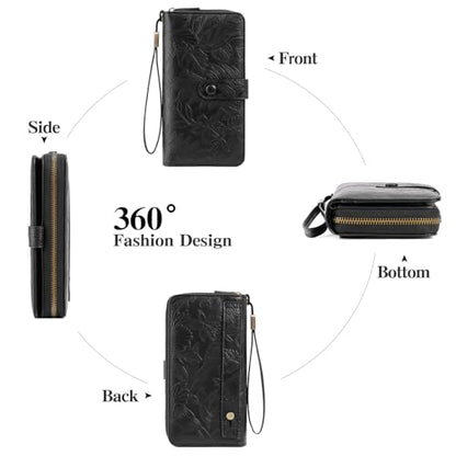 SENDEFN Women's Credit Card Holder RFID Blocking Zip Around Leather Wallet Large Capacity Long Purse with Wristlet - color: Black