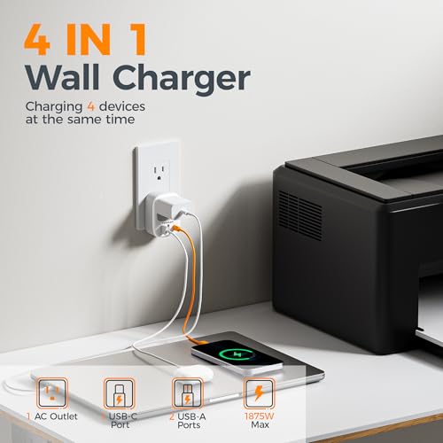 TESSAN Wall Charger Block 3 USB Charging Ports 1 USB C 1 AC Outlet Splitter - color: Grey, size: USB C 15W