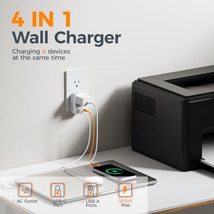 TESSAN Wall Charger Block 3 USB Charging Ports 1 USB C 1 AC Outlet Splitter - color: Grey, size: USB C 15W