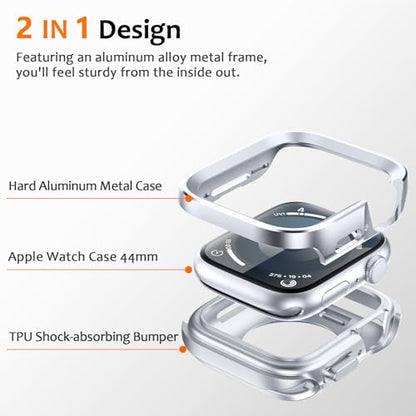 Amizee 2 in 1 Metal Rugged Case Compatible with Apple Watch SE 3/2/1 Series 6/5/4 44mm, Aluminum Shockproof Protective Bumper Cover for iWatch 44mm, Silver - color: Silver, size: 44mm