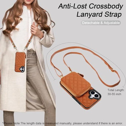 Bocasal Crossbody Wallet Case Card Holder for iPhone 17, Brown | RFID Blocking PU Leather Zipper Handbag Purse, Kickstand Flip Folio Case with Card Slots Holder Wrist Strap Lanyard 6.3 Inch - color: Brown