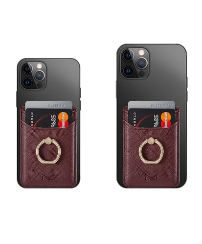 Card Holder Sleeve with Ring, RFID Credit Wallet PU Leather Stick On Back Grip for iPhone Samsung Smartphone - Burgundy - color: Burgundy