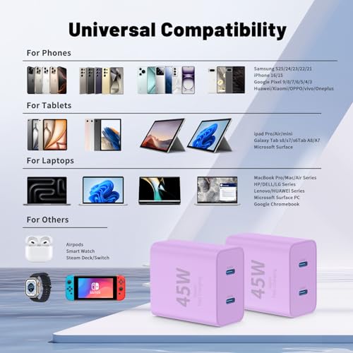 QZIIW iPhone 17 16 15 Pro Max Fast Charger,45W Dual Port USB C Fast Charger - color: Purple, size: 3FT+6FT+10FT+10FT