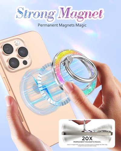 Phone Ring Holder Compatible with MagSafe - Magnetic Cell Phone Grip for Women Cute Magnet Removable Finger Ring Grip Stand Glitter Sparkle for iPhone 17 16 15 14 13 Pro Max Plus, Rainbow - color: Colorful