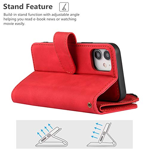 iCoverCase for iPhone 12 Mini Wallet Case with Card Holder and Wrist Strap, PU Leather Kickstand Card Slots Zipper Pocket Magnetic [Detachable] Flip Cover Case 5.4 Inch (Red) - color: Red