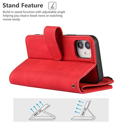 iCoverCase for iPhone 12 Mini Wallet Case with Card Holder and Wrist Strap, PU Leather Kickstand Card Slots Zipper Pocket Magnetic [Detachable] Flip Cover Case 5.4 Inch (Red) - color: Red