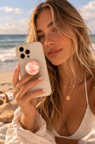 Grips by CRYSTALFY Caribbean Sunset Authentic Natural Abalone Seashell Crystal Phone Grip Holder, Expanding Kickstand, Natural Gemstone Swappable Top Accessory for iPhone, iPad, Kindle, Mobile Devices - color: Peach