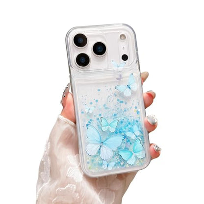 Compatible with iPhone 17 Pro Max Glitter Butterfly Case Glow in The Dark Women Girls Girly Bling Sparkle Flowing Quicksand Light up Soft TPU Bumper Luminous Clear Phone Cover Blue - color: Blue, size: iPhone 17 Pro Max