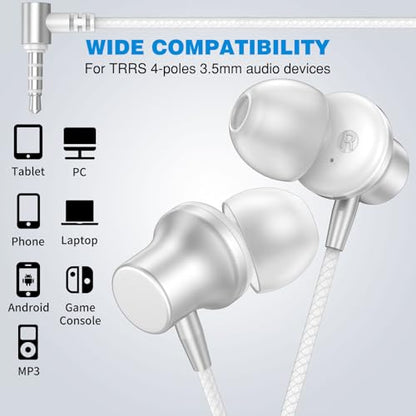 ASKUBSKU 3.5mm Headphones 5.9ft Long Cord Wired Earbuds with Mic, Silver - color: Silver