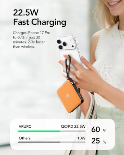 Portable Charger Built-in Cables,10000mAh 22.5W Fast Charging Power Bank - color: Orange