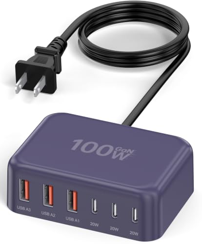 100W 6 in 1 USB Charger, 50% Smaller Charging Station for Multiple Devices - color: E-Purple