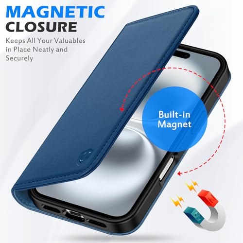 SHIELDON Genuine Leather Magnetic Case Wallet for iPhone 16, Royal Blue | Flip Magnetic Closure, RFID Blocking 3 Card Holder, Kickstand, Full Protection, Shock Absorbing Protective Cover - color: Royal Blue