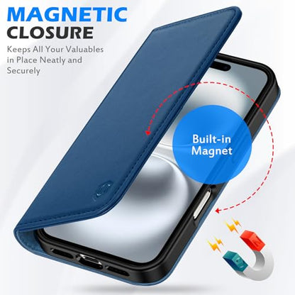SHIELDON Genuine Leather Magnetic Case Wallet for iPhone 16, Royal Blue | Flip Magnetic Closure, RFID Blocking 3 Card Holder, Kickstand, Full Protection, Shock Absorbing Protective Cover - color: Royal Blue