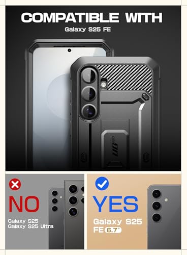 SUPCASE for Galaxy S25 FE Case with Built-in Screen Protector, Black | Invisible Stand, Belt Clip Holster, Charge Port Cover, Military-Grade Protection, Anti-Slip, Shockproof, Unicorn Beetle Pro