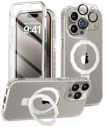 Compatible with iPhone 15 Pro Max Case, Built-in Screen Protector & Seamless Stand, with Camera Lens Protector, Strong Magnetic Clear Phone Case, Full Body Protective Cover for 6.7" (Clear) - color: Clear, size: iPhone 15 Pro Max 6.7"