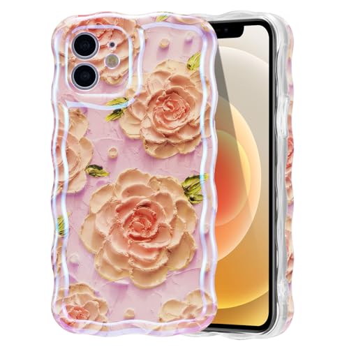 EYZUTAK Case for iPhone 11, Colorful Retro Oil Painting Flower, Pink Peony | Laser Glossy Floral Pattern, Cute Curly Wave Edge, Exquisite Phone Cover, Stylish Durable TPU Protective Case for Girl Women - color: Pink Peony, size: iPhone 11
