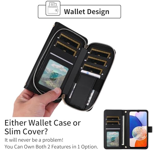 Argyle Wallet Case for Samsung Galaxy A15 5G/4G with Wrist Strap Shoulder Strap, 9+ Card Slots Zipper Purse Luxury PU Leather Stand Checkered Phone Cover for A 15 G5 15A Women Girls Black | Girls, Wrist/Shoulder Strap, 9+ Card Slots, Purse, Luxury PU Leat