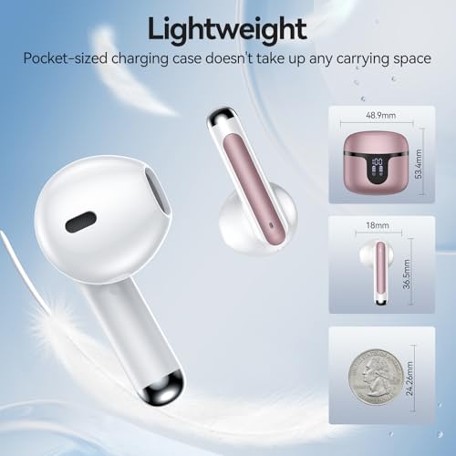 Wireless Earbuds, Bluetooth 5.4 Headphones HiFi Stereo with 4 HD Mic, 50H Playtime Bluetooth Earbuds with Dual LED Display, IPX7 Waterproof Wireless Earphones, Touch Control Ear Buds,USB-C, Rosa Gold