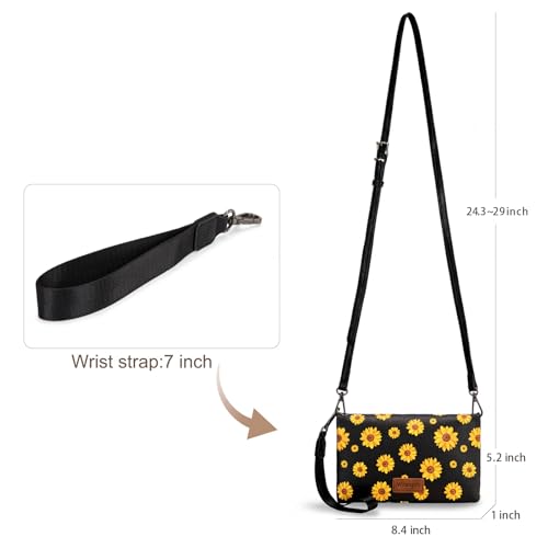 Wrangler Crossbody Wallet Women Black Sunflower Daisy Large Capacity Wallets RFID Blocking Bifold Clutch Small Purse with Crossbody Strap - color: Aa--black