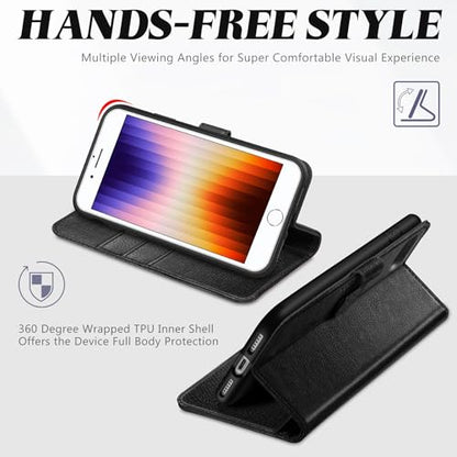 TUCCH Case Wallet for iPhone SE 2022/ iPhone 7/8/SE 2020, Textured Black | 3 Card Holders, Kickstand, PU Leather, Shockproof TPU Shell, Magnetic Closure, Protective Folio Cover - color: Black - Textured