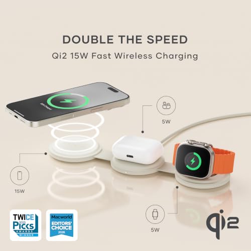 Satechi OntheGo 3-in-1 Wireless Charger, Qi2 15W Fast Charging, Sand - color: Sand
