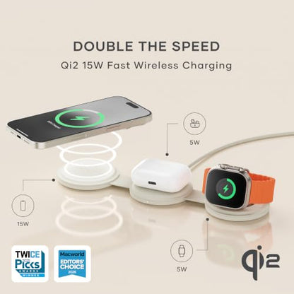 Satechi OntheGo 3-in-1 Wireless Charger, Qi2 15W Fast Charging, Sand - color: Sand