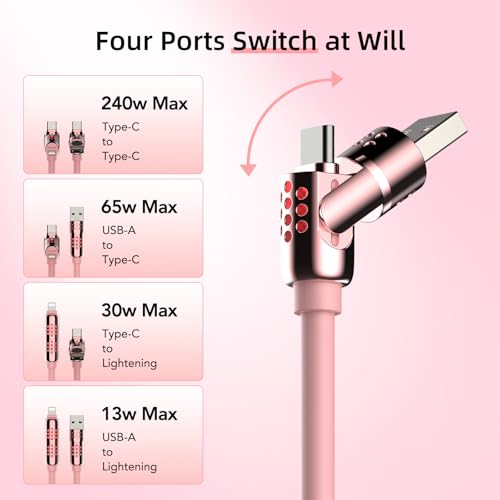 MFish 4-in-1 Fast Charging Cable, 6.6FT, Pink - color: Pink(4-in-1)