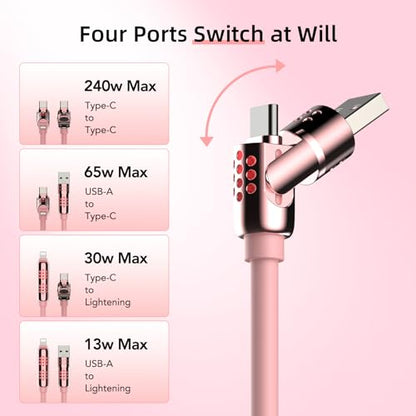 MFish 4-in-1 Fast Charging Cable, 6.6FT, Pink - color: Pink(4-in-1)