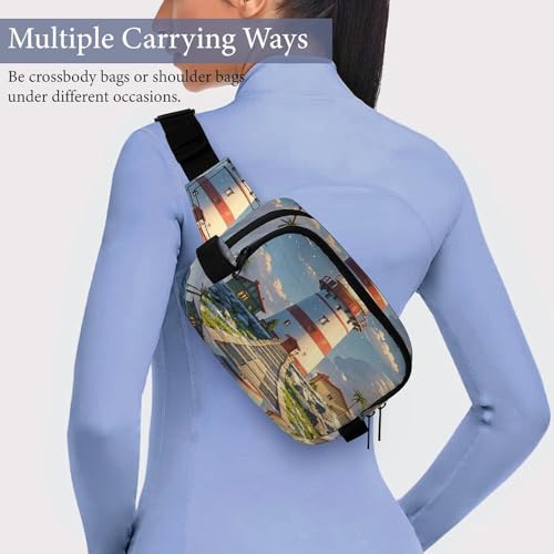 Lighthouse Fanny Packs for Women Men Double Layer Fashion Waist Pack Adjustable Belt Bag with Pockets Small Crossbody Bags for Running Hiking Workout Travel Daily Use
