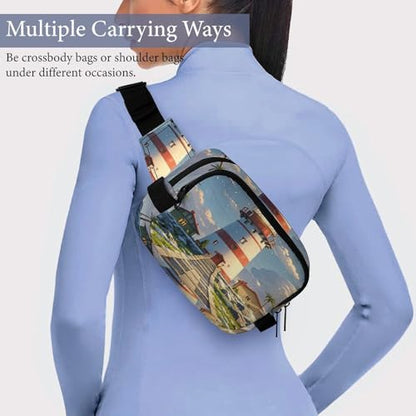 Lighthouse Fanny Packs for Women Men Double Layer Fashion Waist Pack Adjustable Belt Bag with Pockets Small Crossbody Bags for Running Hiking Workout Travel Daily Use