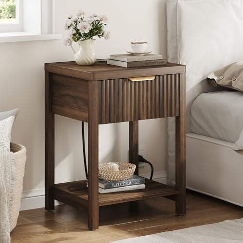 Night Stand Set 1, Fluted Wood Bedside Table w/Socket Station for Bedroom - color: Walnut, size: 1 Drawer-Set of 1 Nightstand