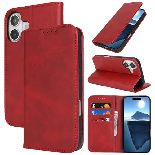 Wallet Case for iPhone 16,Premium PU Leather Flip Folio Case with Card Slot,Stand Holder and Magnetic Closure TPU Shockproof Interior Protective Case,6.1 Inch,Red | Premium PU Leather, Flip Folio Purse Case, with Card Slot, Stand Holder,Magnetic Closure,