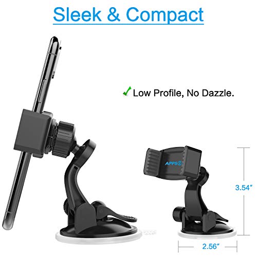 APPS2Car Suction Cup Phone Holder for Car with Adjustable Arm, Low Profile Dashboard Phone Mount Compact Windshield Window Dash Mobile Stand Compatible w/All iPhone and Android Cell Phones