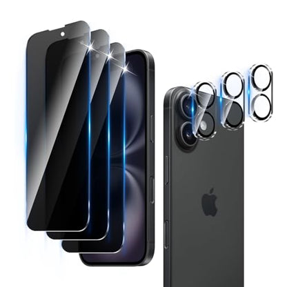 3+3 Pack Privacy Screen Protector Designed for iPhone 16 With 3 Pack Camera Lens Protector,Full Coverage Anti-Spy Tempered Glass Film,9H Hardness,Bubble Free,Easy to Install - color: iPhone 16 FK33