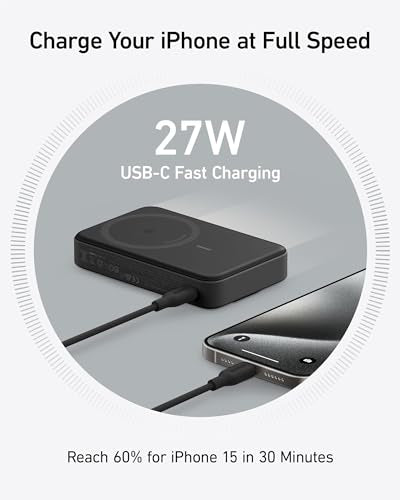 Anker MagGo Power Bank, 10,000mAh Qi2-Certified 15W Max Portable Charger | Fast MagSafe-Compatible Battery Pack, Smart Display, Foldable Stand, for iPhone 16 / 15 / 14 / 13 Only (USB-C Cable Included) - color: Black