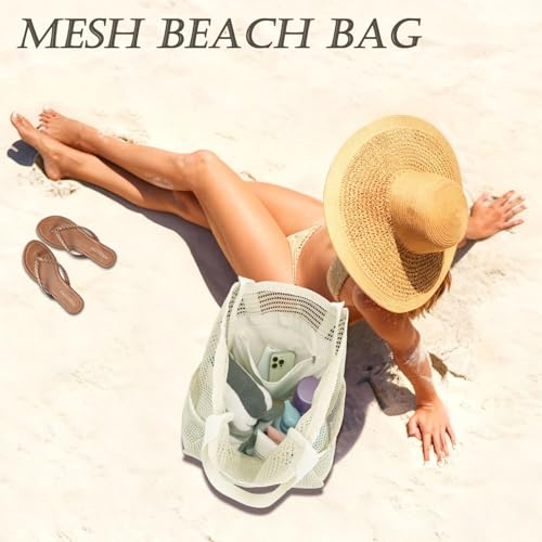 GYEUKHAM Mesh Beach Bag for Women, Sand-Resistant Pool Tote, 9 Pockets (1 Inner Zip), Foldable Family Travel Essentials - color: 6 Pockets-beige