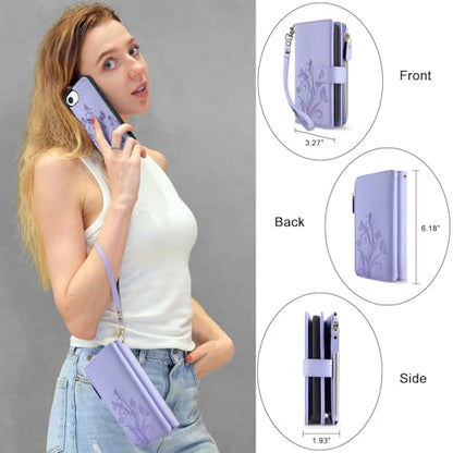 Case Wallet Compatible with iPhone 16e/17e, [12 Card Slots] ID Credit Cash Holder Zipper Pocket Detachable Leather Wallet Cover with Wrist Strap Lanyard（Floral Light Purple） - color: Floral Light Purple